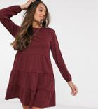 Asos Design Petite Smock Mini Dress With Tiered Hem With Long Sleeve In Port