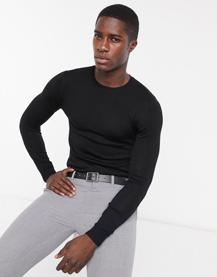 Asos Design Muscle Fit Merino Wool Crew Neck Sweater In Black