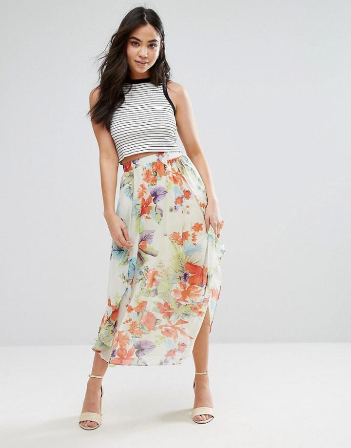 Orion Sarah Tropical Flower Print Midi Skirt - Cream