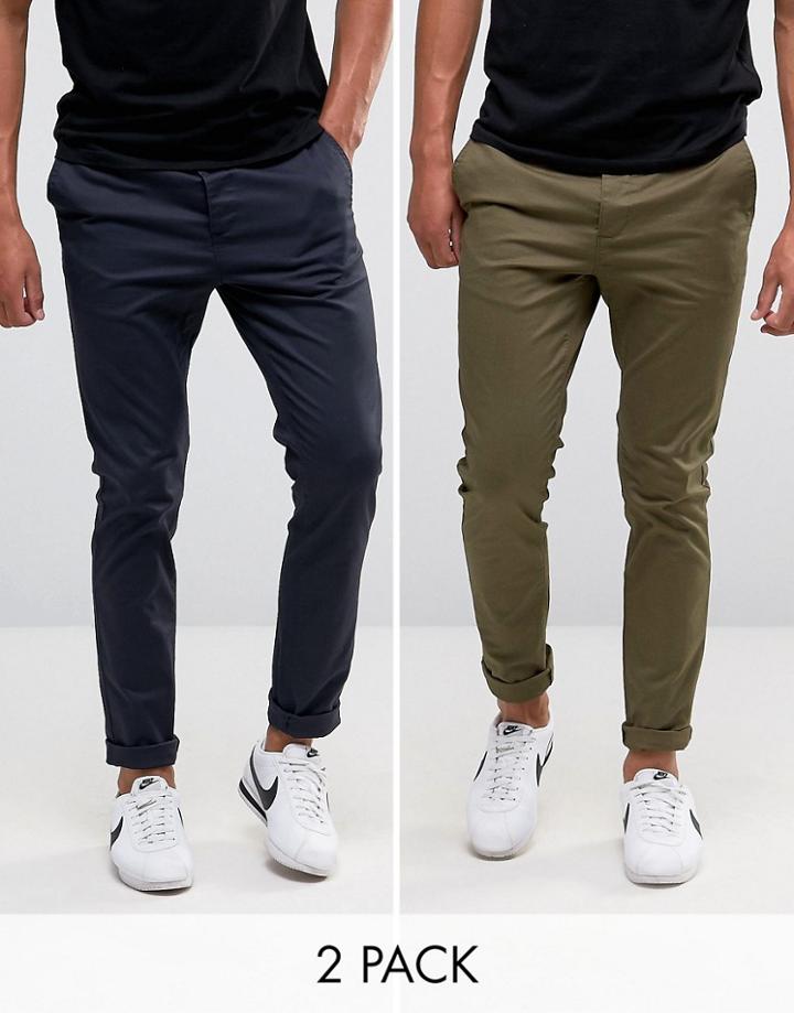 Asos 2 Pack Skinny Chinos In Khaki & Navy Save-multi