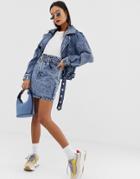 Signature 8 Acid Wash High-wasted Belted Denim Mini Skirt - Blue