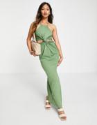 Asos Design Racer Cut Out Knot Maxi Dress In Olive Green