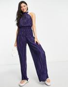 Little Mistress Vogue Williams Plisse Jumpsuit In Navy