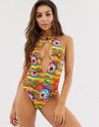 Asos Design Recycled Wood Detail Halter Plunge Swimsuit In Paradise Floral Stripe Print-multi