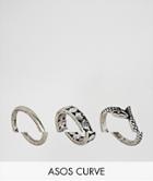Asos Curve Exclusive Pack Of 3 Engraved And Snake Rings - Silver
