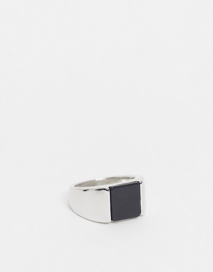Asos Design Signet Ring With Black Agate Stone In Silver Tone
