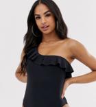 South Beach Exclusive Eco One Shoulder Frill Swimsuit In Black - Black