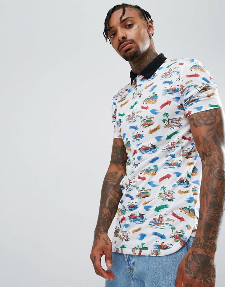 Asos Longline Muscle Polo With Curved Hem & All Over Palm Print - White