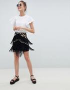 Asos Design Floral Embroidery Mini Skirt With Fringe Detail - Black