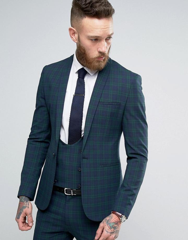 Asos Super Skinny Suit Jacket In Green Check - Green