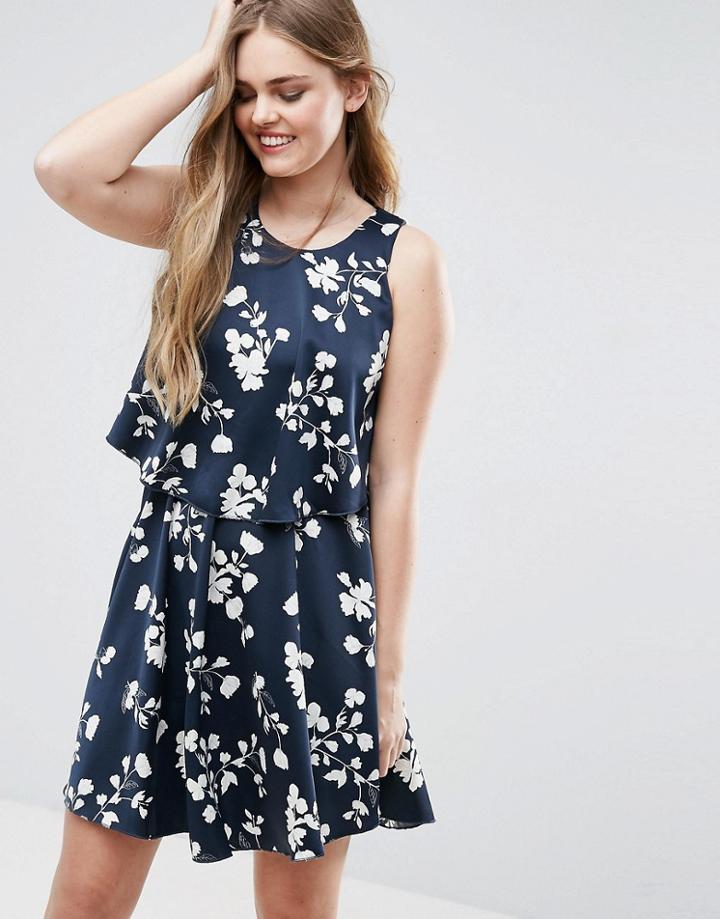 Vila Floral Asymmetric Hem Dress - Navy