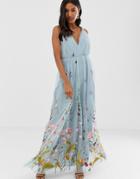 Asos Design Tulle Maxi Dress With Delicate Floral Embroidery And Twist Straps - Blue