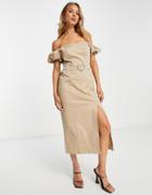 River Island Sweetheart Bardot Midi Dress In Beige-neutral