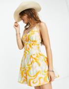 Asos Design Strappy Back Gathered Waist Mini Sundress In Abstract Swirl-multi