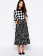 Yumi Button Through Midi Skirt In Polka Dot - Black