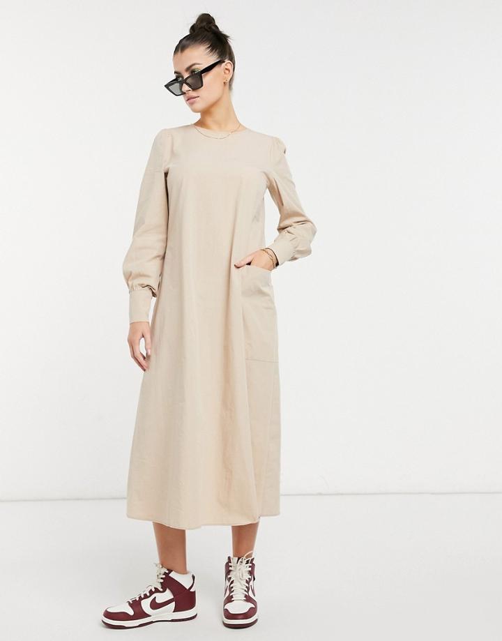 Aligne Organic Cotton Midi Dress With Detailed Sleeves In Stone-neutral