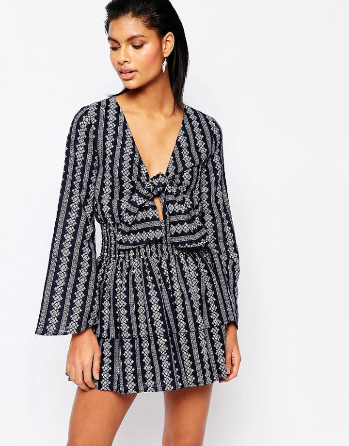 Moon River Ruffle Mini Dress With Tie Front - Navy