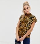 Asos Design Tall Short Sleeve High Neck Top In Tiger Animal Print - Multi