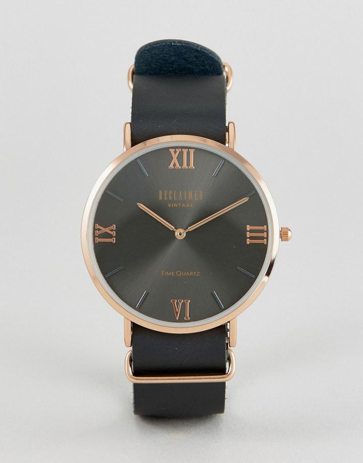 Reclaimed Vintage Inspired Roman Leather Watch In Black - Black