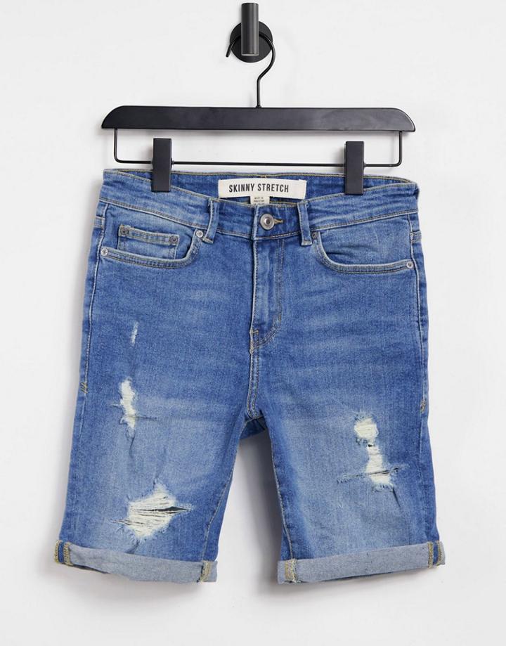 New Look Skinny Denim Shorts With Rips In Blue-blues