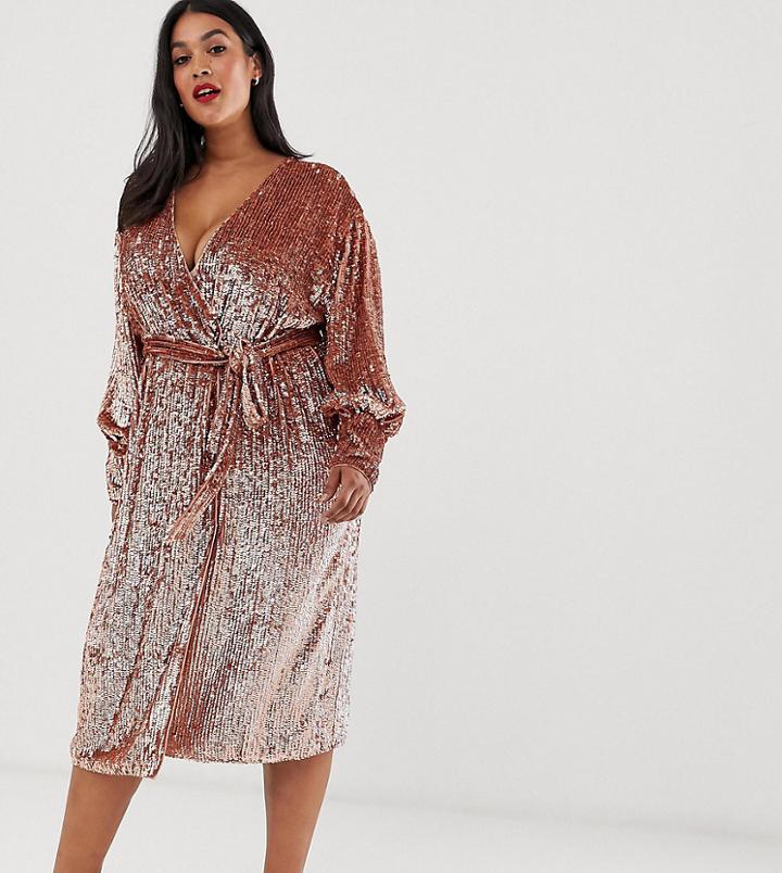 Asos Edition Curve Sequin Wrap Midi Dress - Copper