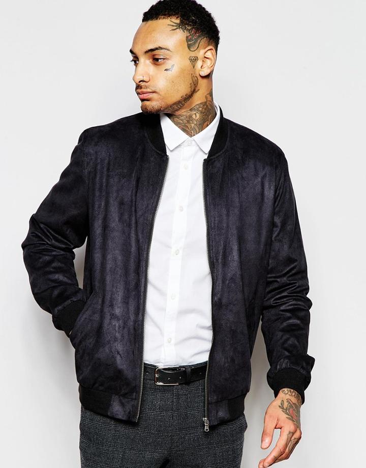 Asos Faux Suede Bomber Jacket In Black - Black