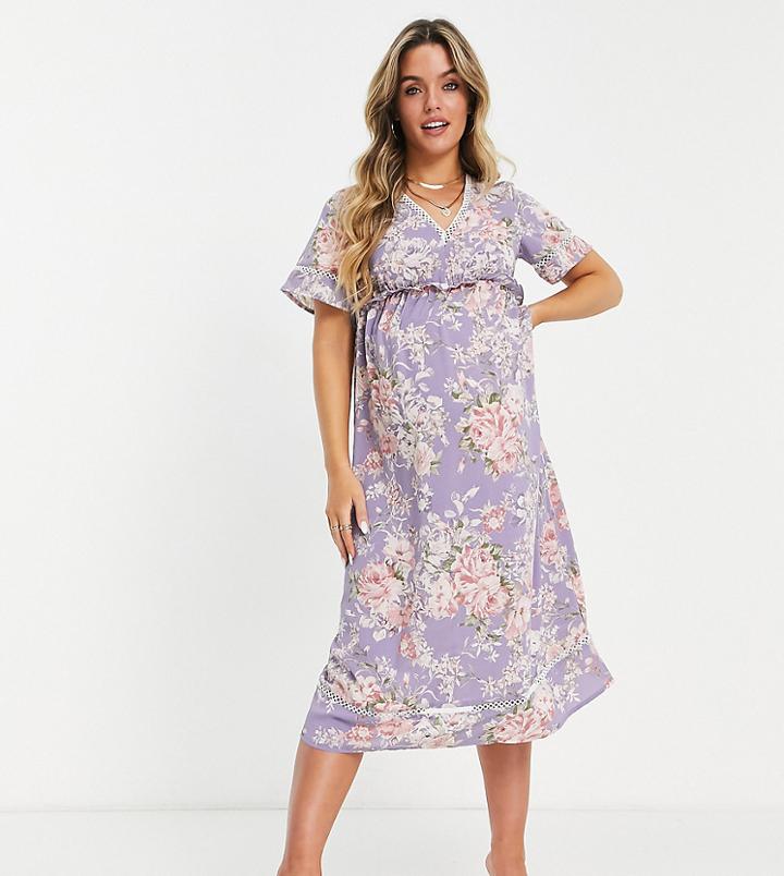 Missguided Maternity Midi Dress With Ruffle Waist In Lilac Floral-purple