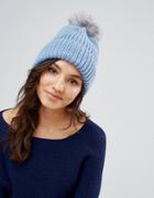 Alice Hannah Blue Chunky Knit Hat With Faux Fur Pom Pom Hat - Blue