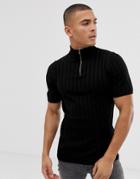 Asos Design Muscle Fit Knitted T-shirt With Half Zip In Black - Black