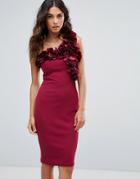Club L Crepe One Shoulder Midi Dress With Floral Corsage - Pink