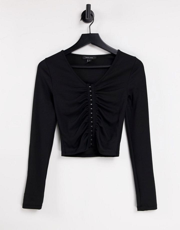 New Look Hook & Eye Detail Ribbed Ruched Long Sleeve Top In Black