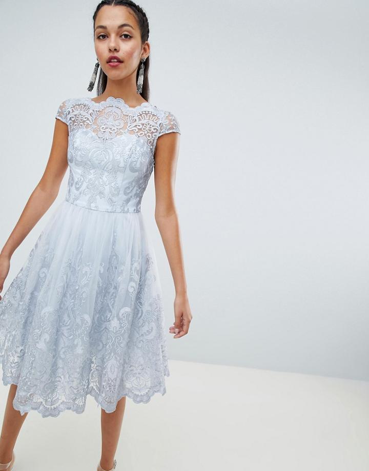 Chi Chi London Premium Lace Midi Dress With Cap Sleeve - Gray
