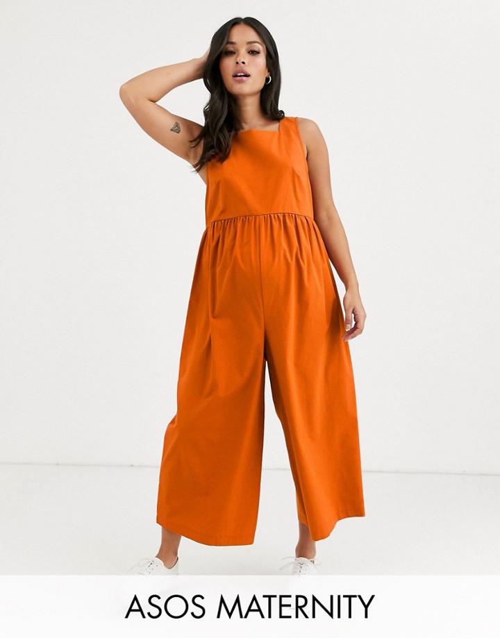Asos Design Maternity Minimal Jumpsuit With Ruched Waist-orange