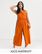 Asos Design Maternity Minimal Jumpsuit With Ruched Waist-orange