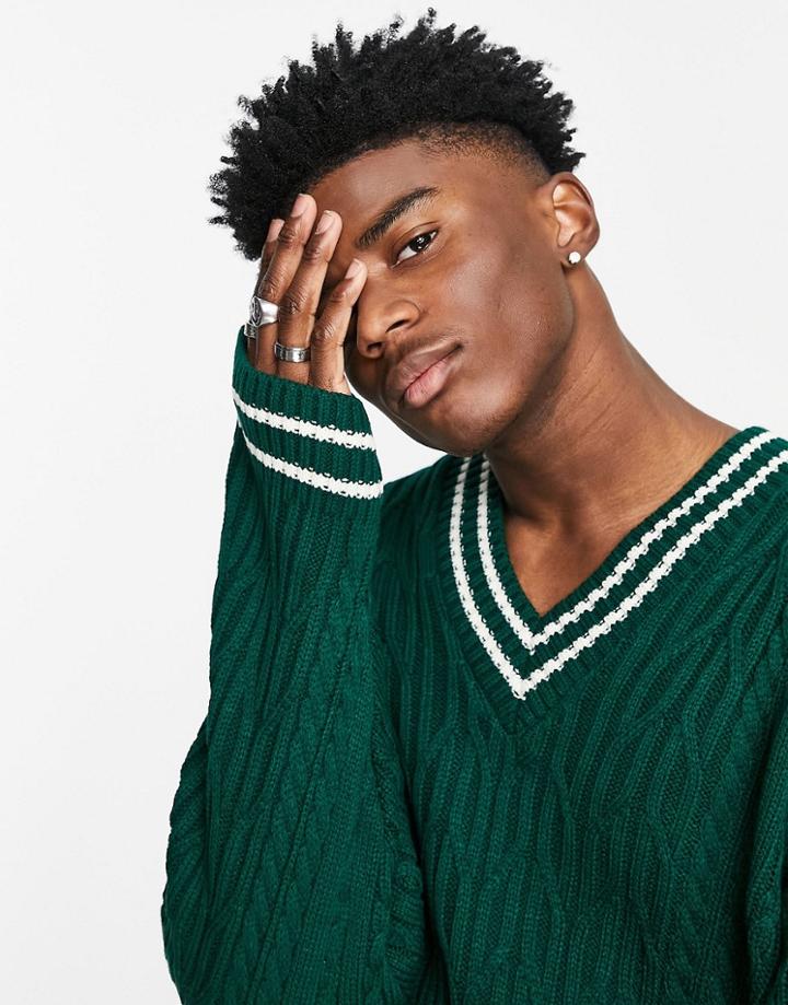 Asos Design Cable Knit Cricket Sweater In Bottle Green