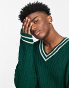 Asos Design Cable Knit Cricket Sweater In Bottle Green