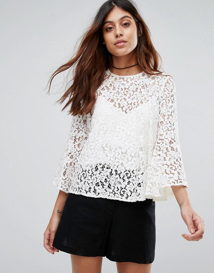 Mango Lace Top With Voluminous Sleeves - White