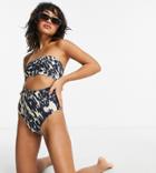 Asos Design Petite Tie Back Bandeau Cut Out Swimsuit In Smudge Animal Print-multi