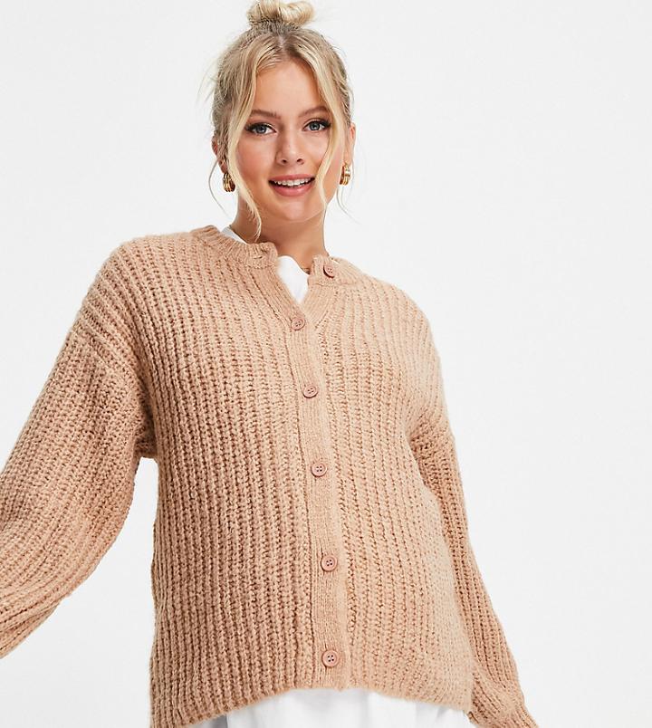 Asos Design Maternity Crew Neck Cardi In Chunky Rib In Taupe-neutral
