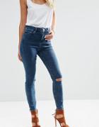 Asos Petite Ridley Skinny Jeans In Mottled Dark Wash With Ripped Knees - Blue