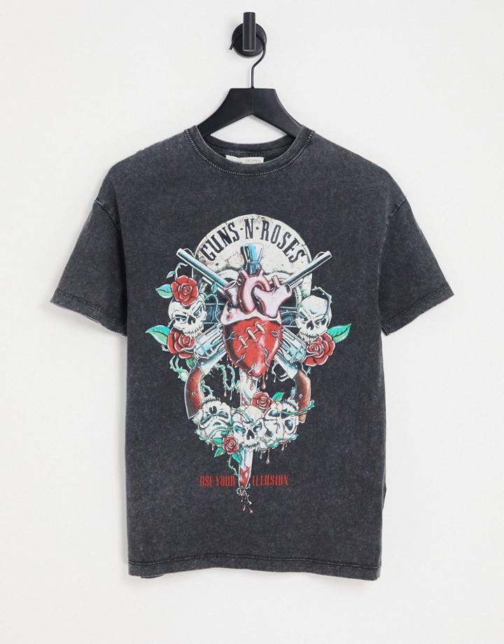Pull & Bear Guns & Roses Band T-shirt In Black