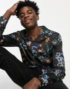 Asos Design Revere Collar Satin Shirt With Easy Floral Print-black