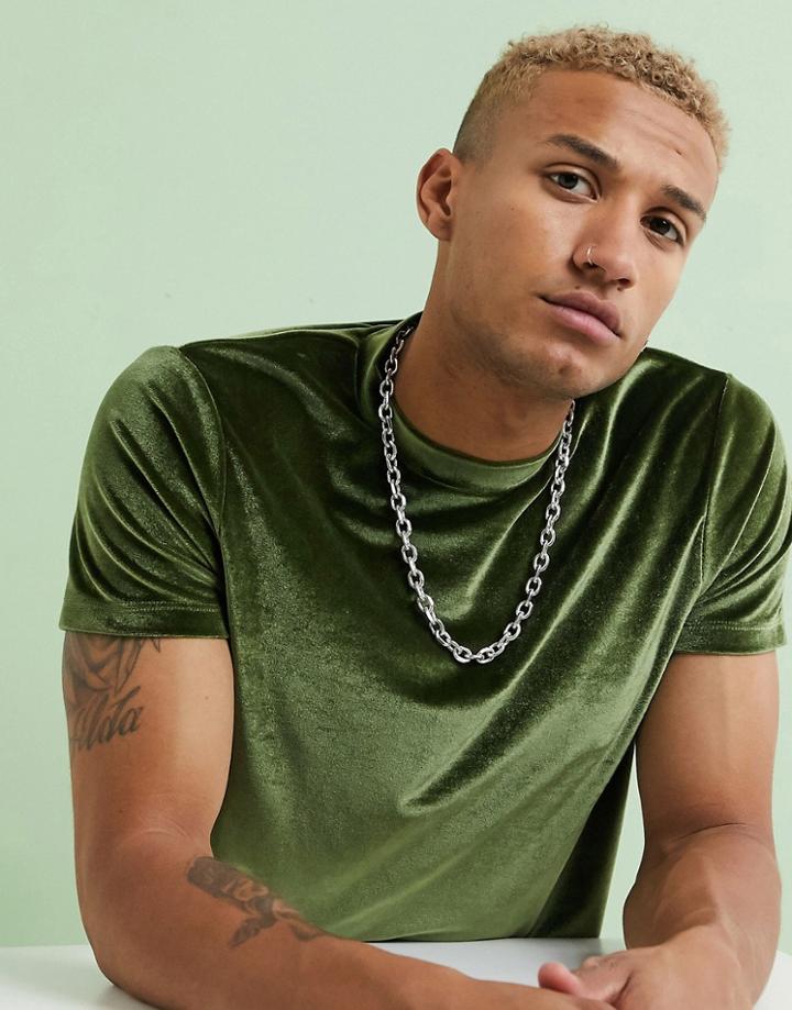 Asos Design T-shirt In Velour In Khaki-green