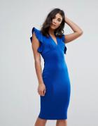 Club L V Neck Ruffle Bodycon Dress - Blue