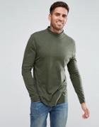 Asos Long Sleeve T-shirt With Turtleneck And Curve Hem In Green - Green
