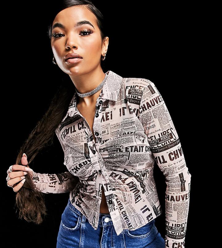 Asyou Sheer Shirt In Newspaper Print-multi