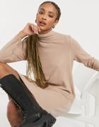 Pieces Sweater Dress With High Neck In Camel-brown