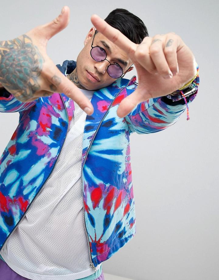 Asos Festival Zip Through Windbreaker In Tie Dye - Blue