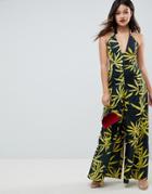 Asos Design Jumpsuit With Cut Out Detail And Super Wide Leg In Tropical Print - Multi