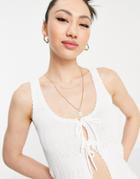 Asos Design Knitted Tank With Tie Front Detail In Cream - Part Of A Set-white